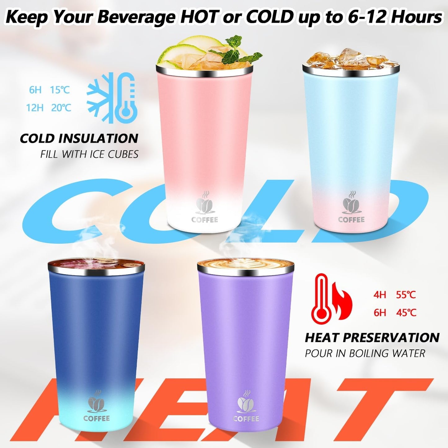 Insulated Travel Coffee Mug Reusable Coffee Tumbler Cup with Flip Lid Leak Proof Spill Proof for Office School Party Camping Hot and Cold Drink,Stainless Steel 17oz (Light Dark Blue)