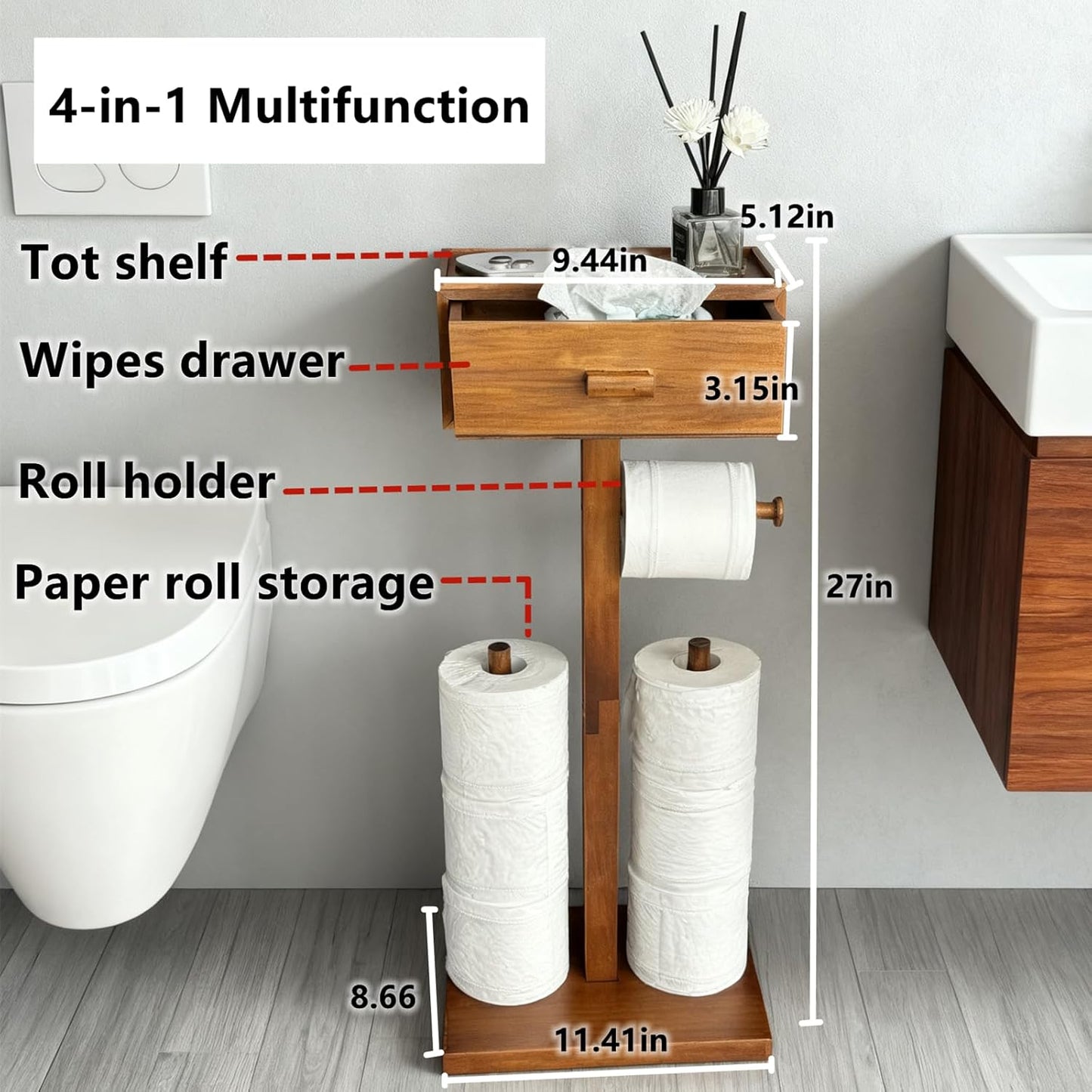 Freestanding Bathroom Toilet Paper Holder Stand with Shelf, Wood Toilet Paper Roll Holder with Wet Wipes Storage Drawer,Brown(2 Rods,Stores 6 Rolls)