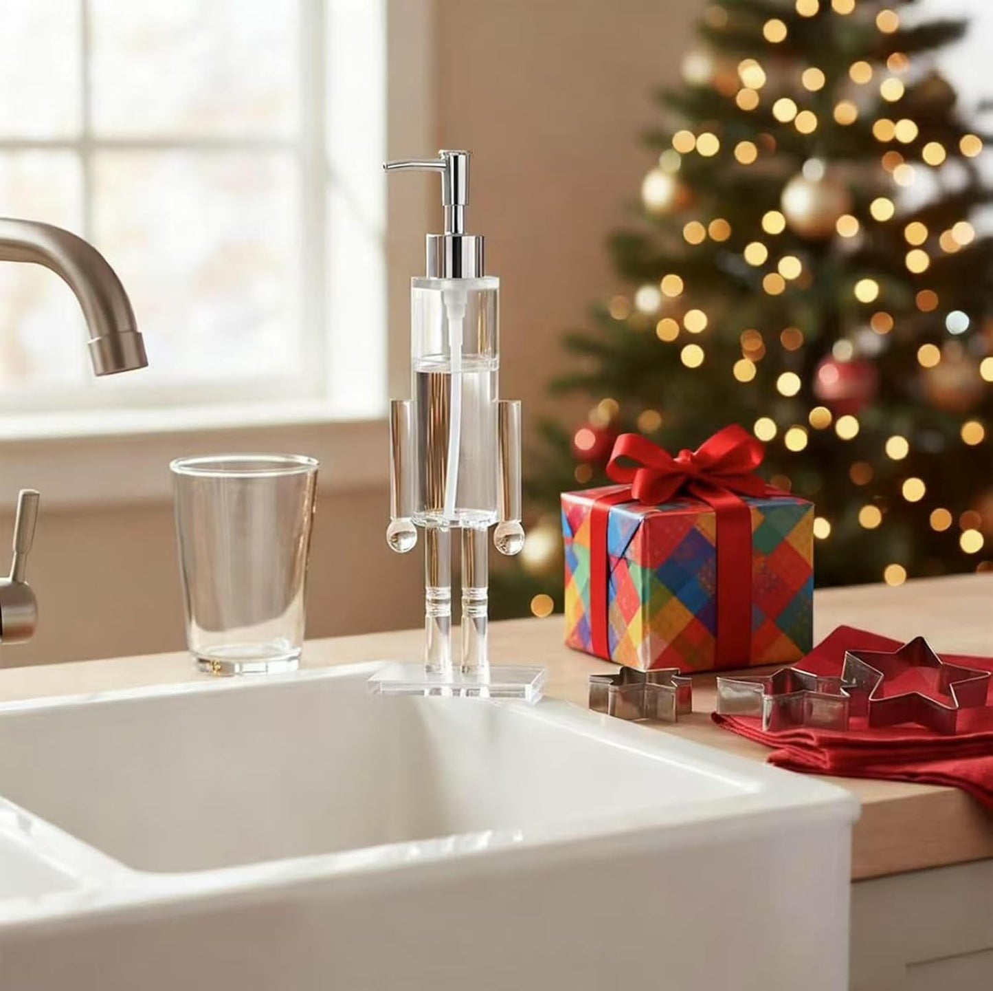 Clear Nutcracker Soap Dispenser for Bathroom & Kitchen – Refillable Acrylic Christmas Hand Soap Pump Bottle Holiday Décor Gift (2 pcs)