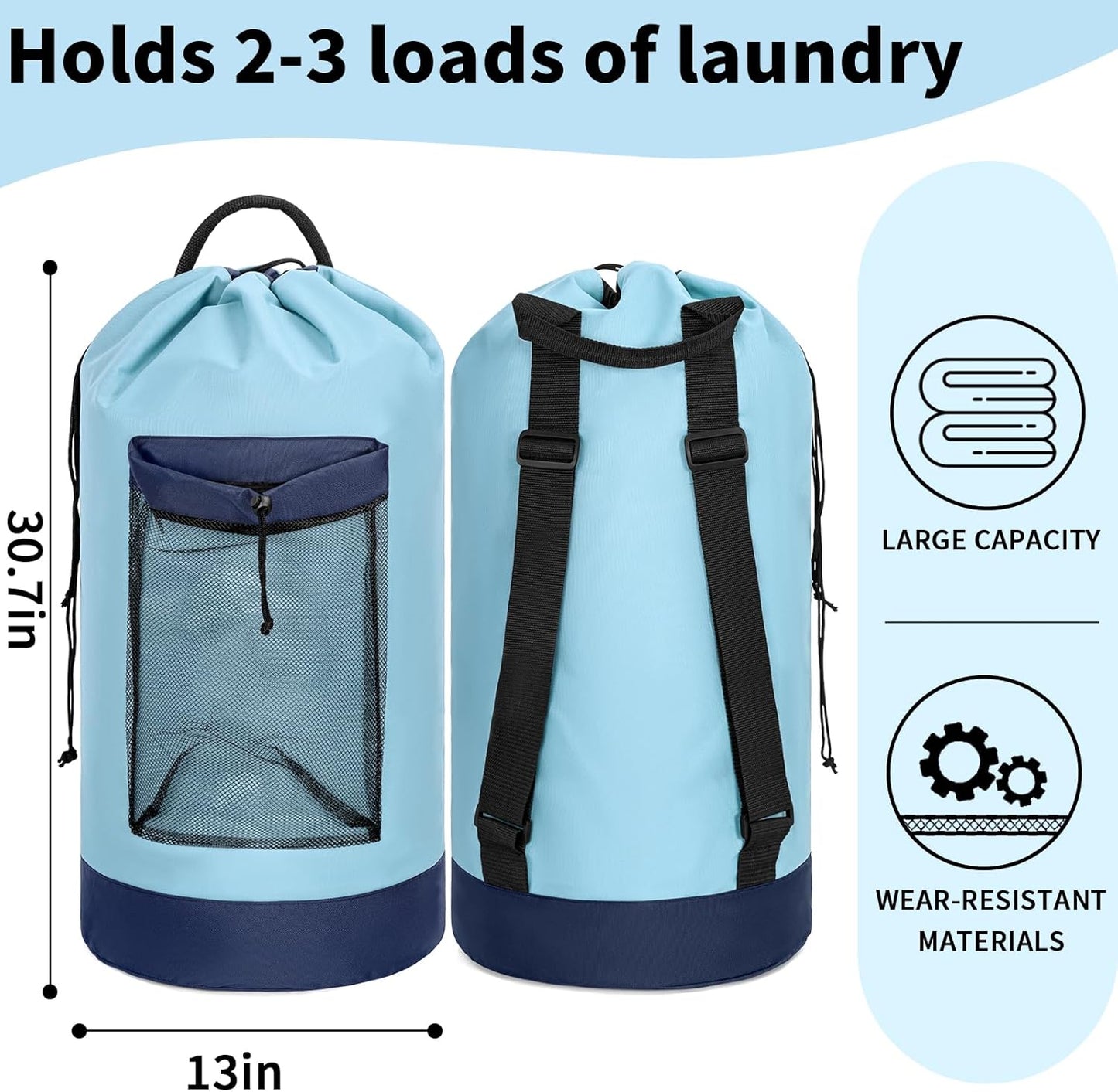 Laundry Bag Backpack with Shoulder Straps and Mesh Pocket Foldable Clothes Hamper Bag with Drawstring Closure for College, Apartment, Laundromat (Light Blue)