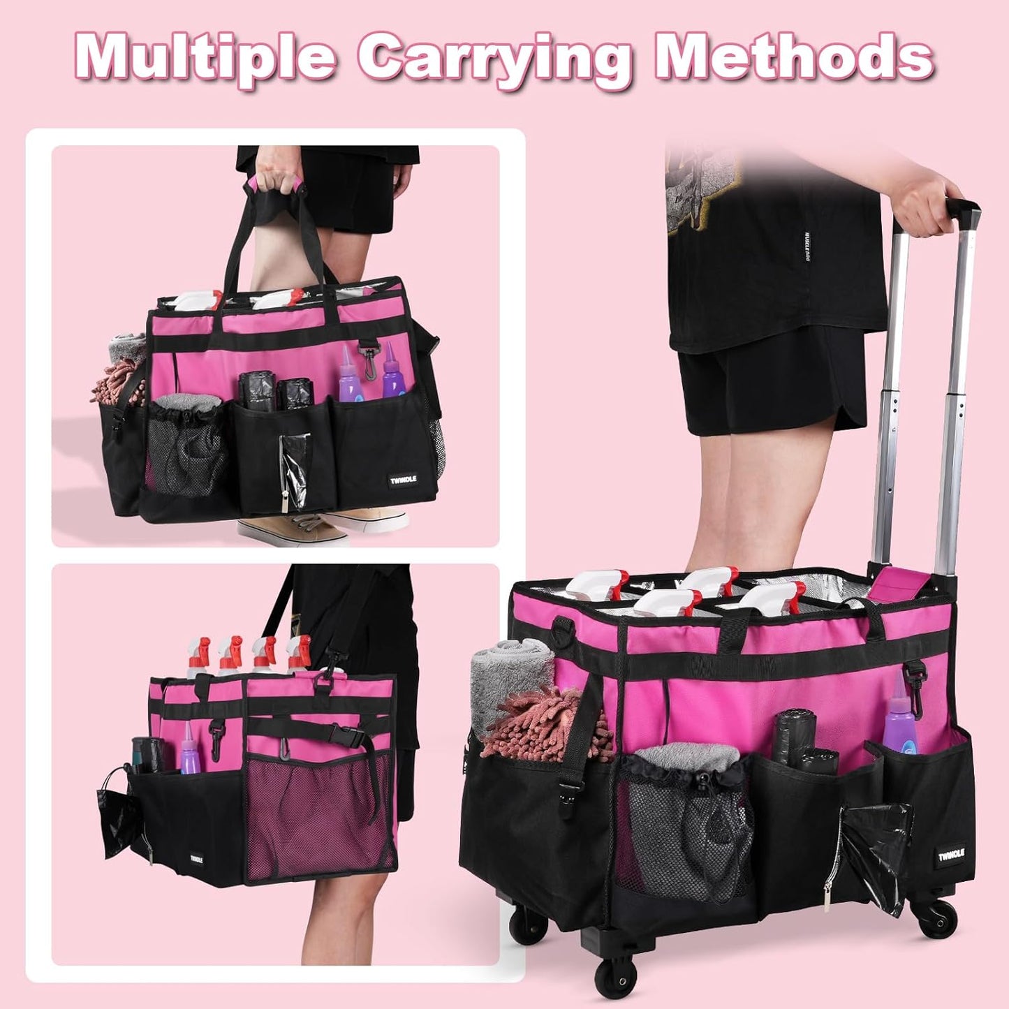 Extra-Large Rolling Cleaning Caddy with Wheels,Cleaning Caddy Bag with Detachable Trolley,Water Resistant Lining Cleaning Supply Organizer with Handle for Cleaners,Housekeepers