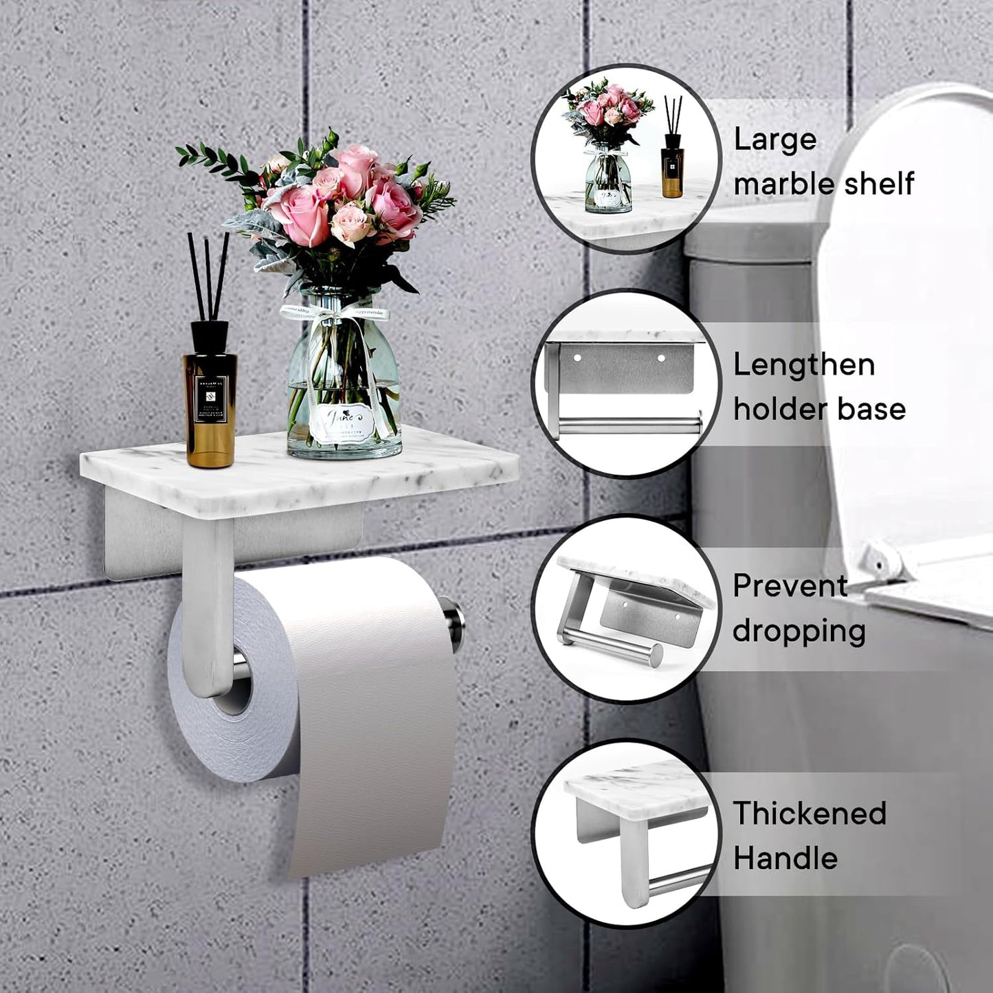 Toilet Paper Holder with Natural Marble Shelf for Bathroom Washroom,Wall Mounted Tissue Holder Suitable for Mega Roll (Brushed Nickel,Small 6.7 * 4.3 in)