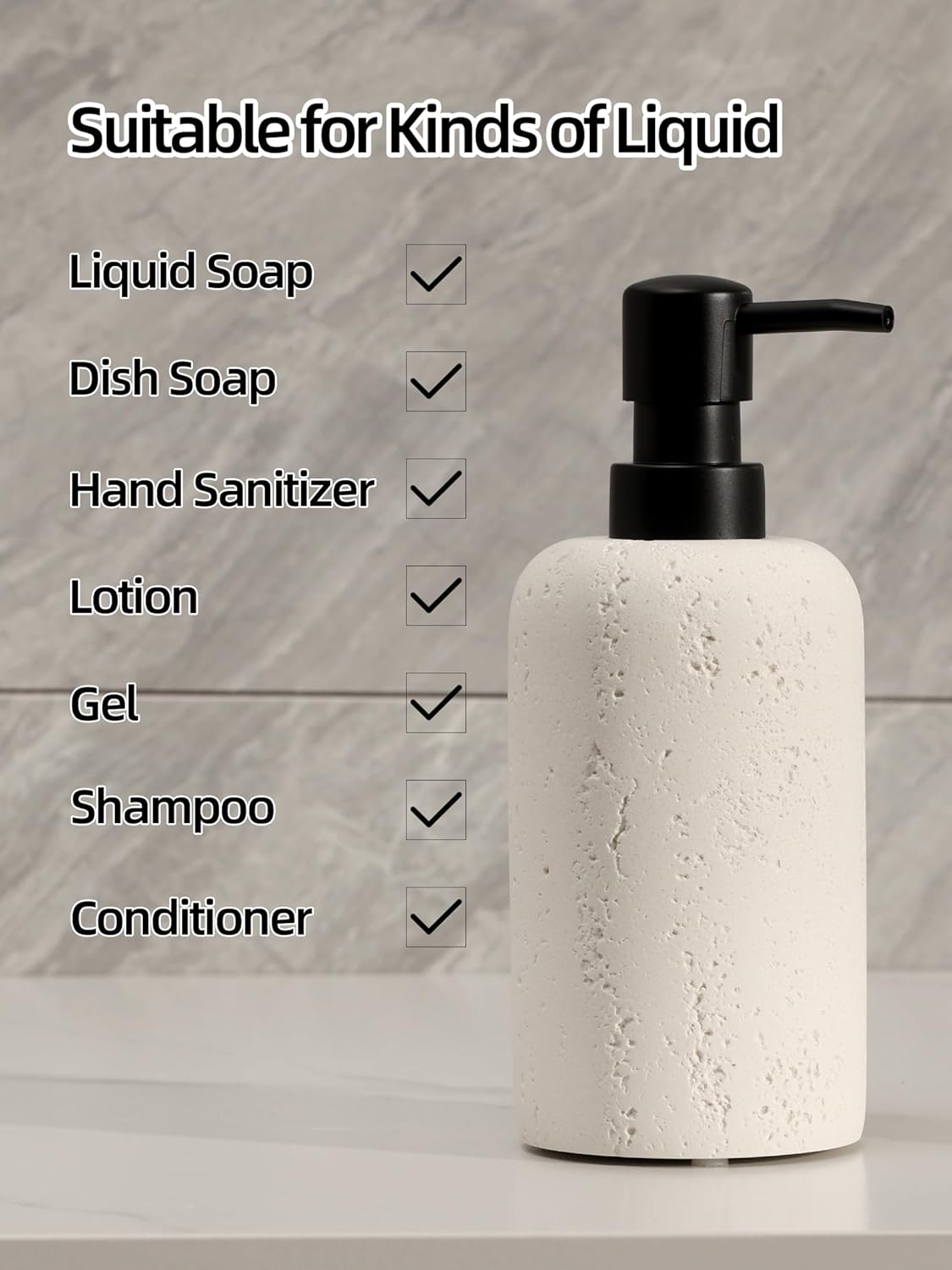 Soap Dispensers 400mL 13.5 OZ, 2 PCS Luxurious Hand Dish Lotion Shampoo Soap Dispenser Jar, Travertine Soap Bottles Rustproof Pump for Kitchen Bathroom Countertop