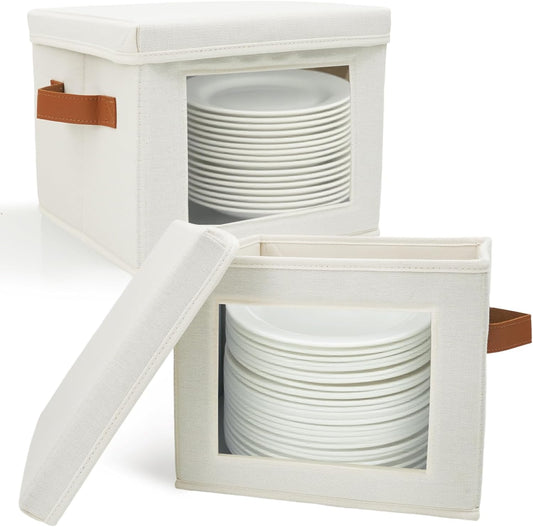 HOMELUX THEORY Plate Storage Box, 2pc 12"x8" Ivory Hard Shell China Storage Containers, Kitchen Storage Bins With Lids, Heavy Duty Moving Box with Handles for Dishes, Dinner Plate & Dinnerware