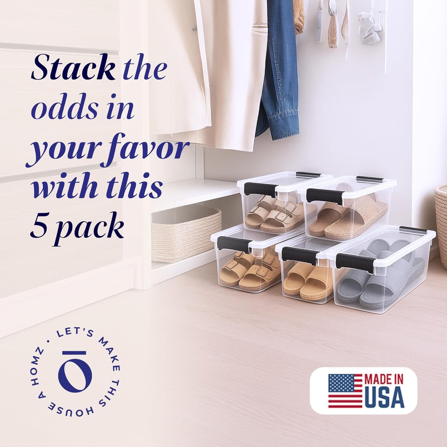 HOMZ 5-Pack Latching Lid, Clear Plastic Storage Organizer Bins, 7.5 Quart, Gray Latch - Stackable Organizing Containers for Home, Garage, and Office