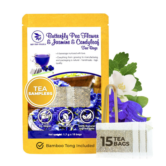 Butterfly Pea Flower Tea Samplers with Jasmine & Stevia - 15 Count, Mini Tea Bags, Bamboo Tong Included, No Sugar Added, Re-Steep Natural Herbal Tea Blend for Skin,Support