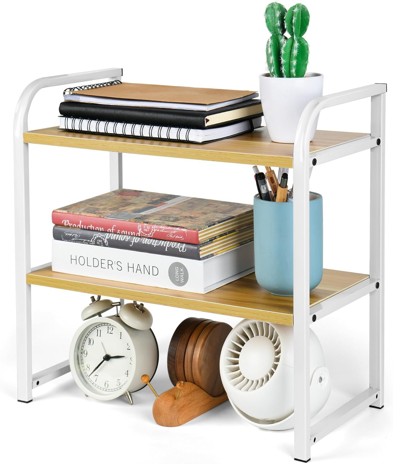Desktop Shelf Organizer, 2-Tier Office Desk Shelf for Top of Desk, Wood & Metal Bookshelf Supplies Storage Rack (White&Walnut)