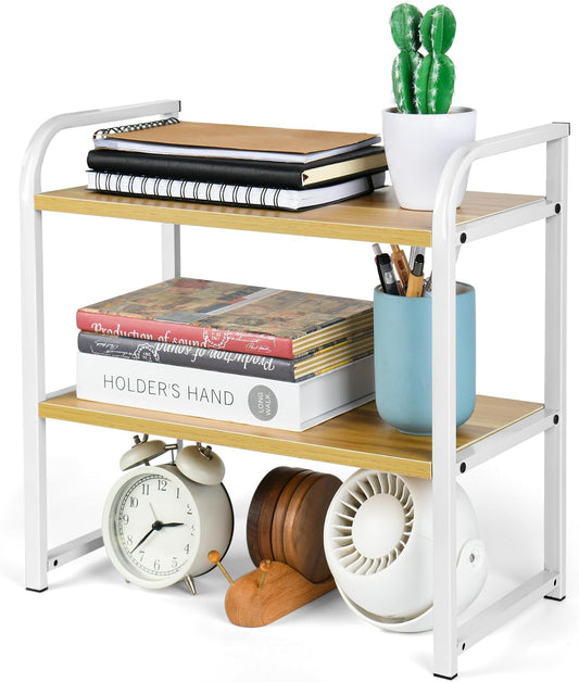 Desktop Shelf Organizer, 2-Tier Office Desk Shelf for Top of Desk, Wood & Metal Bookshelf Supplies Storage Rack (White&Walnut)
