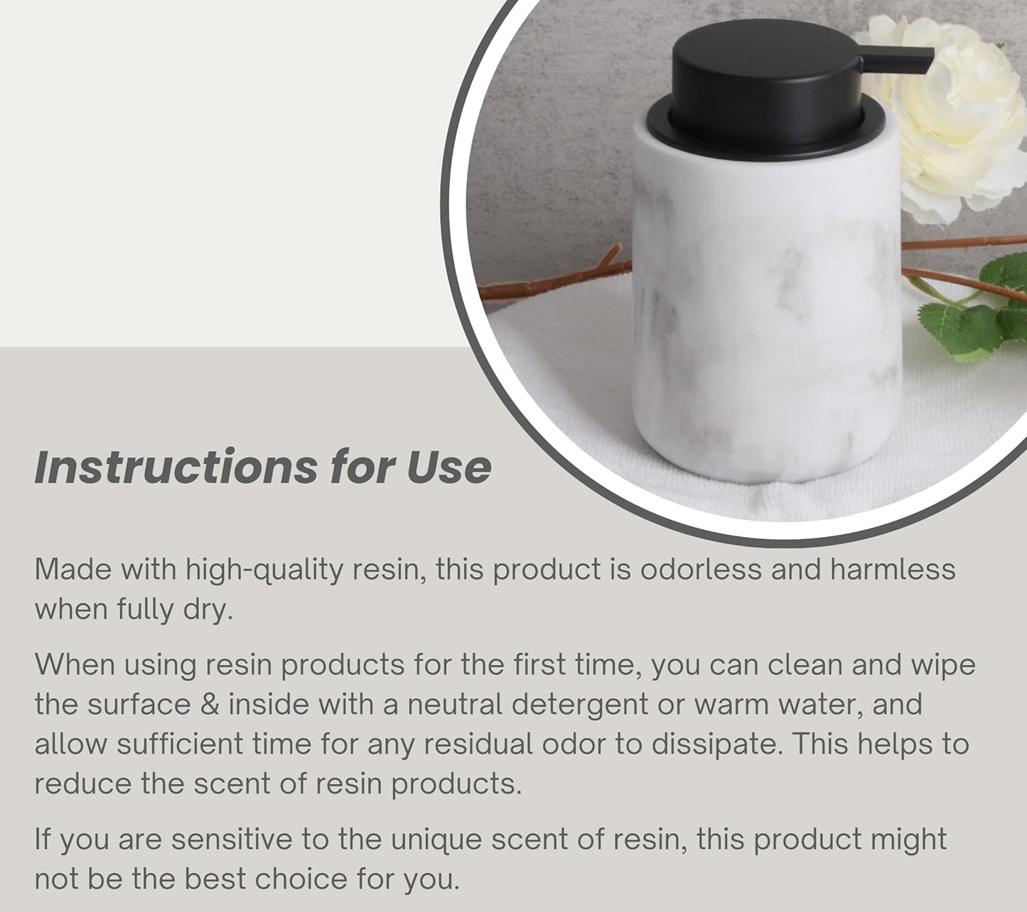 Resin Hand Soap Dispenser Easy-to-Press Liquid Pump, Refillable Soap Dispenser with White Marble Look, Waterproof Bottle Labels for Bathroom Kitchen Dish Lotion (White, 10 oz)