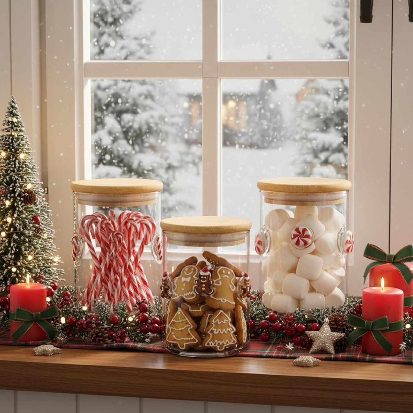 3 Pcs Christmas Icon Glass Storage Jars with Airtight Bamboo Lid Red White Cane Candy Gingerbread Man Christmas Icon Glass Jars Canister Set for Winter Xmas Home Kitchen Countertop