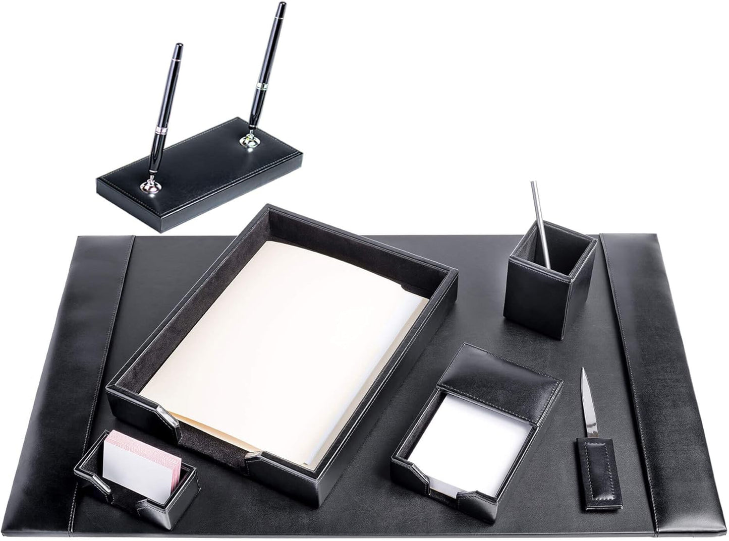 Dacasso Bonded Set Luxury Leather Desk Pad & Desk Organization Essentials, 7 Piece, Black