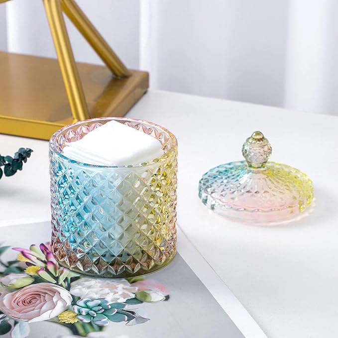 Qtip Holder Glass Apothecary Jars with Lid Bathroom Accessories Vanity Organizers and Makeup Storage for Cotton Swabs, Makeup Sponges, Bath Salts, Canister Dispenser, 2 Pack Rainbow