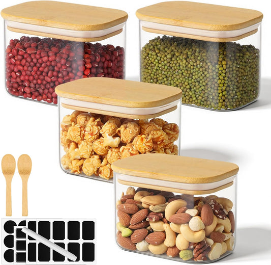 Rectangle Glass Jars with Bamboo Lids, 4 Pack 17oz Glass Jars Set with Airtight Lids, Kitchen Pantry Storage Containers for Countertop, Sugar and Coffee Container for Tea, Cereal, Oats, Beans