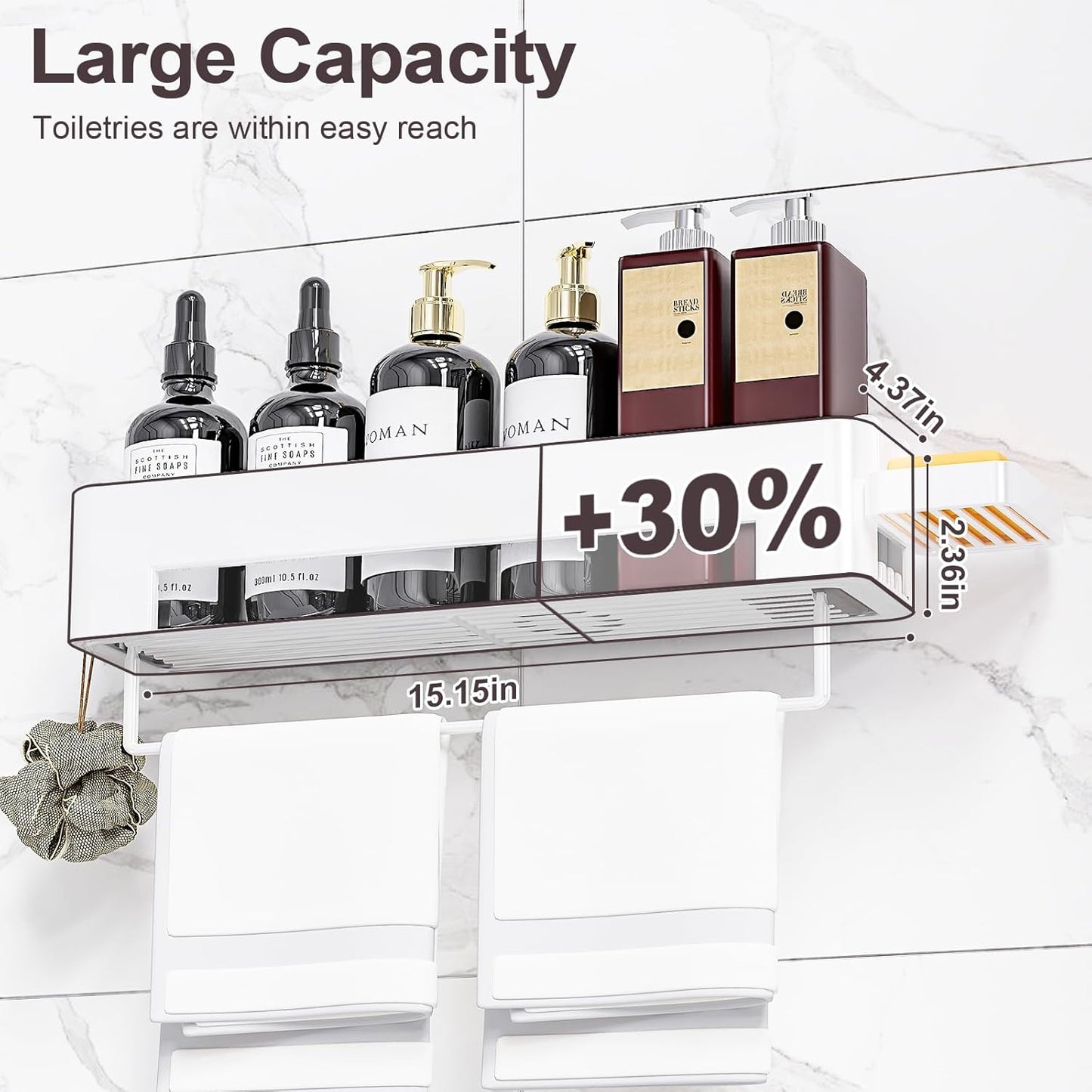 Large Shower Caddy, 4 Pack Adhesive Shower Organizer, 15.15in Large Capacity Bathroom Shelves, No Drilling for Bathroom Organizers and Storage & Home Decor & Kitchen(White)