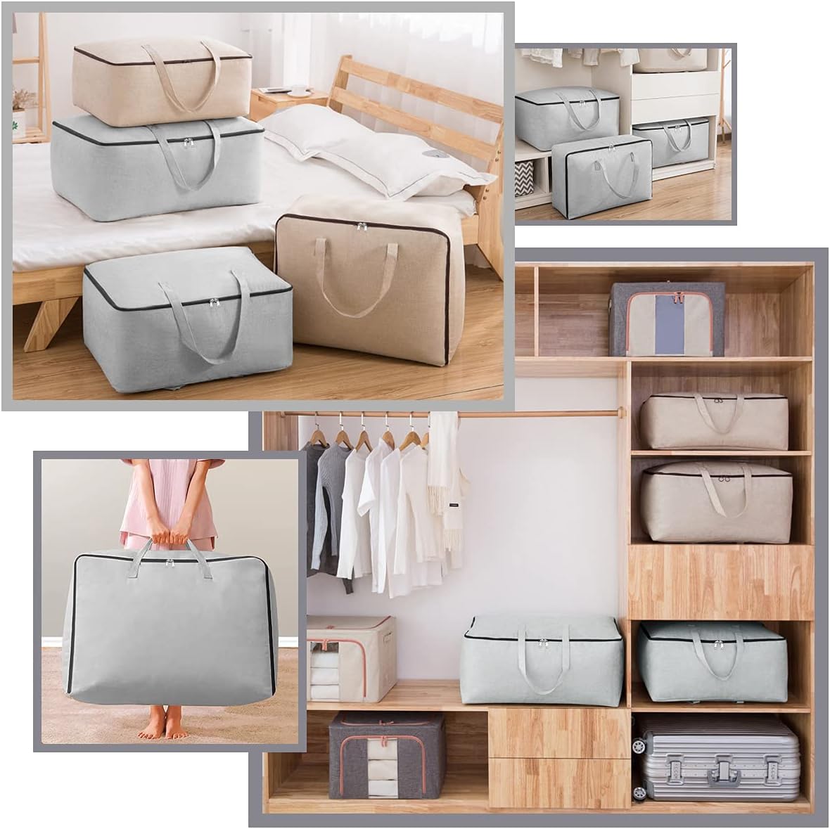 2-Pack Heavy Duty Canvas Cotton Storage Bags for King/Queen Duvets | Soft & Breathable | 3-Zip Opening, Dust Proof Blanket Organizer Bag | 23.6 * 8.7 * 17.7inches