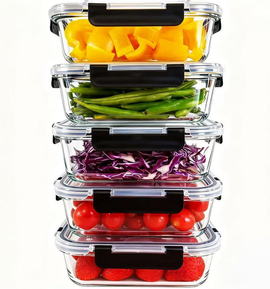 5-Pack Borosilicate Glass Food Containers 35oz, Airtight BPA-Free Meal Prep Containers with Locking Lids, Oven, Microwave & Dishwasher Safe Storage Set