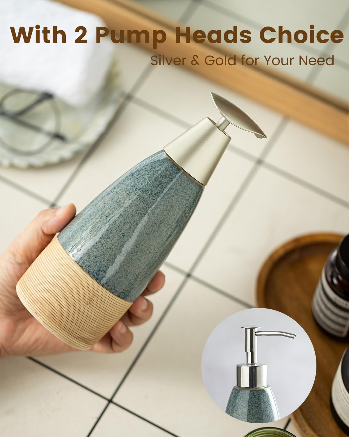 12 oz Dish Soap Dispenser with 2 Pumps, Ceramic Hand Soap Bottle for Shampoo, Body Wash, Lotion, Liquid Dispenser for Kitchen Countertop with Silicone Funnel, Ideal for Thanksgiving, Christmas, Blue