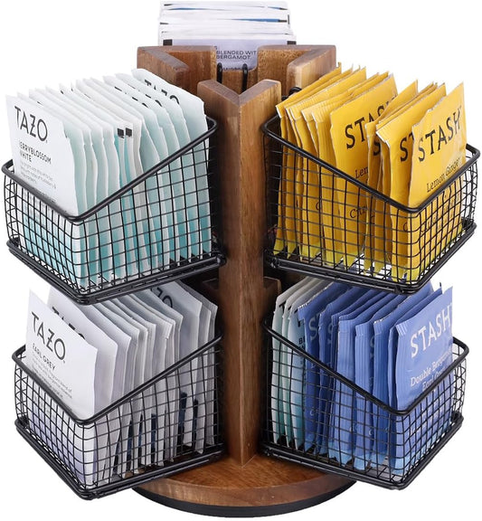 HTB Carousel Tea Bag Organizer for Counter, 2 Tier Tea Bag Holder with 6 Removable Tea Baskets and Acacia Wood Station, Tea Organizers and Storage for Cabinet, Countertop