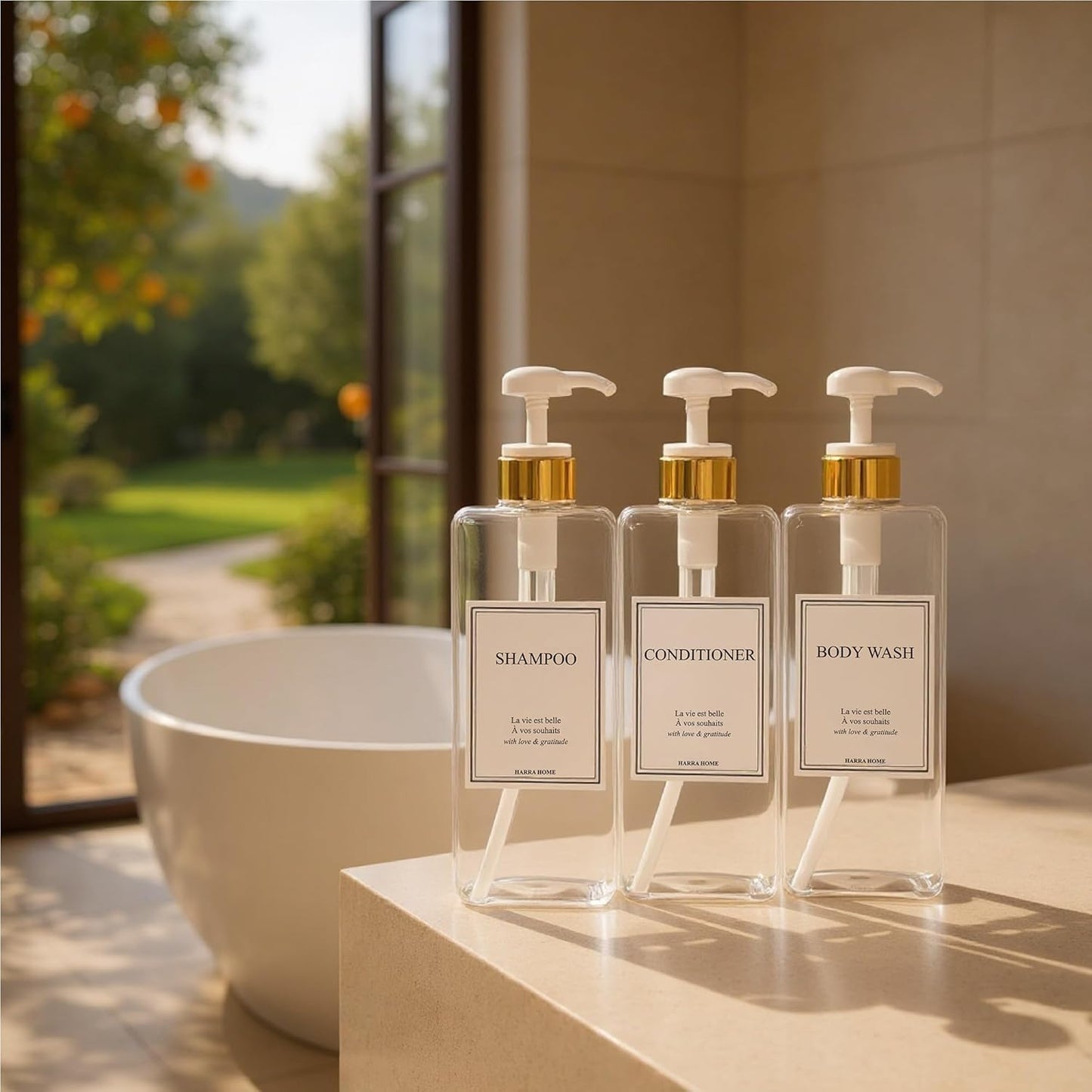 Modern Gold Design 27 oz Shampoo and Conditioner Dispensers - Plastic Refillable Pump Bottle Set for Bathroom Shower Soap Dispenser, Gift Box Included, Set of 3 (Clear & White)