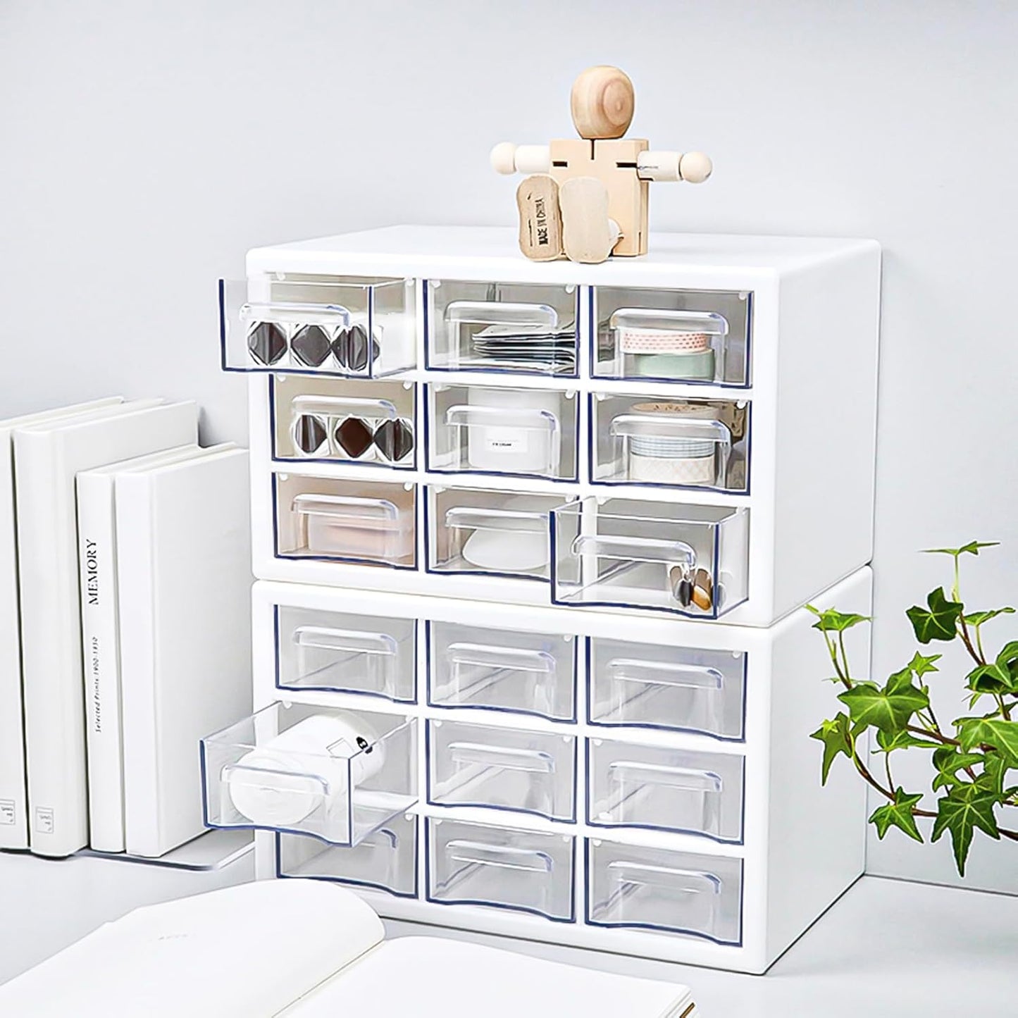 Desk Storage Organizer with 9 Drawers, FODIENS Stackable Desktop Craft Drawer Cabinet, Clear Storage Box Caddy for Makeup Jewelry Office Craft Supplies (9.84×6.3×5.9in) (White)