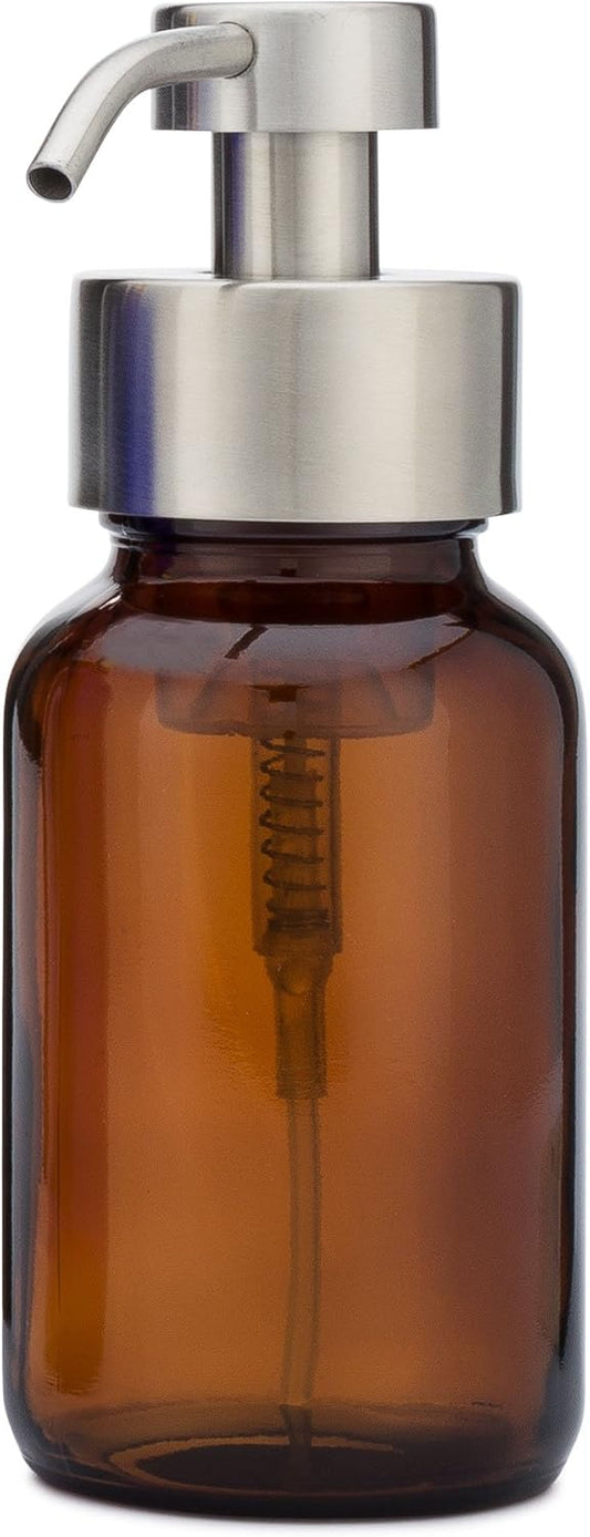 Rail19 Amber Glass Apothecary Foaming Soap Dispenser with Metal Pump - for Kitchen and Bathroom Countertop, 8.5oz (Stainless Steel)