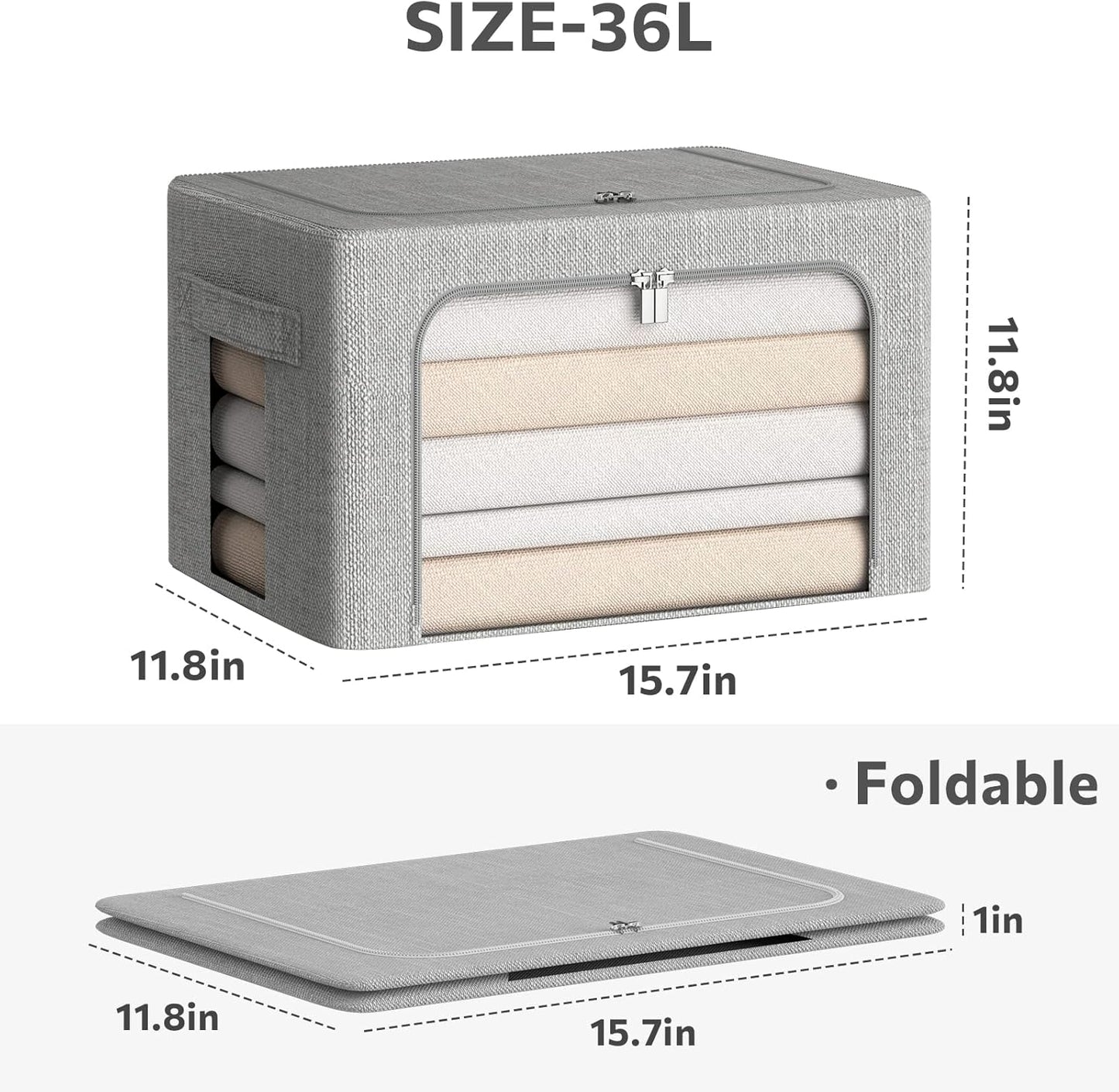 CYhom Clothes Storage Bins Box - Linen Fabric Foldable Stackable Container Organizer Set with Clear Window & Carry Handles & Metal Frame (Light Grey, Medium-36L)