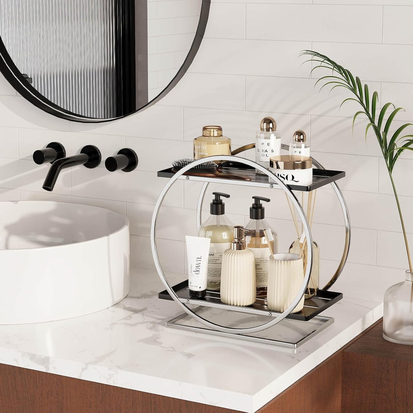 2-Tier Bathroom Organizer Countertop, Silver Black Perfume Organizer for Dresser, Multi-Purpose Makeup Organizer, Large Cosmetic Skincare Organizers, Exquisite Vanity Storage, Ideal for Gift