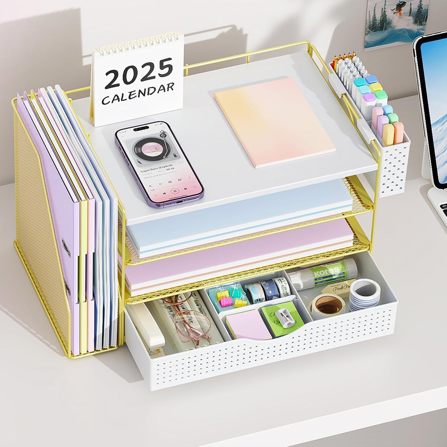 gianotter Wood Desk Organizers and Accessories with File Holder, 4-Tier Desk Accessories & Workspace Organizers with Drawer and Pen Holder, Paper Organizer for Office Supplies (Gold)