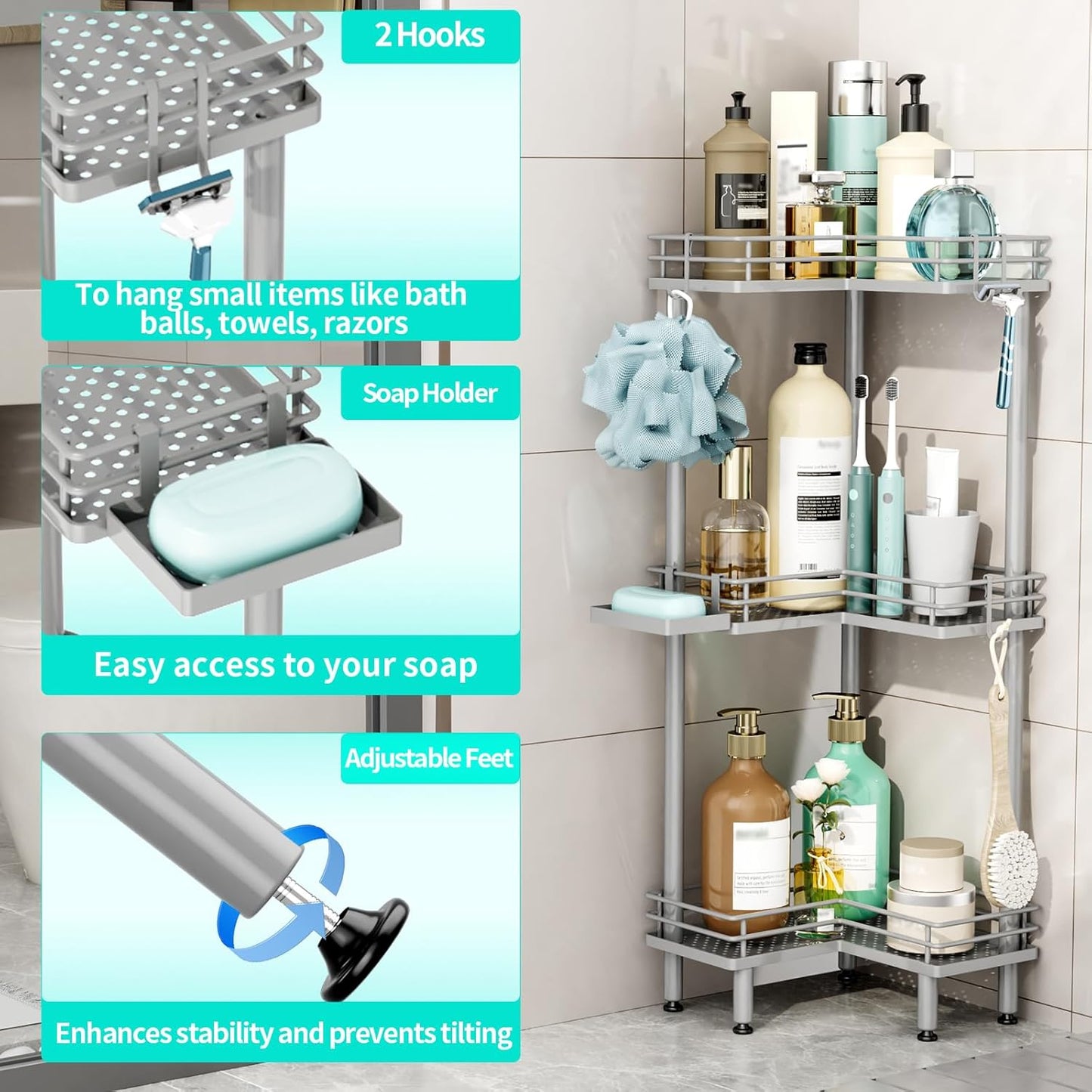 HapiRm Corner Shower Caddy Standing - 3 Tier Shower Organizer Corner with Soap Holder, Rustproof Bathroom Standing Organizer with 4 Hooks, Grey