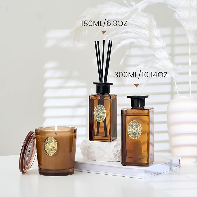 M&SENSE 10.14 oz Large Reed Diffuser Set | Tobacco Teakwood Scent Oil Diffuser with Sticks | Hotel Collection Non-Toxic Essential Oil |for Bedroom Bathroom Living Room