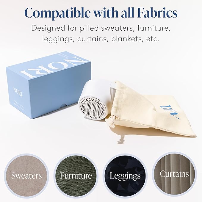 Nori Trim Fabric Shaver - Lint Remover for Clothes & Furniture Couch Pilling - Sweater Pill Remover - Clothes Shaver with 6 Precision Blades - Wireless and Rechargeable - White