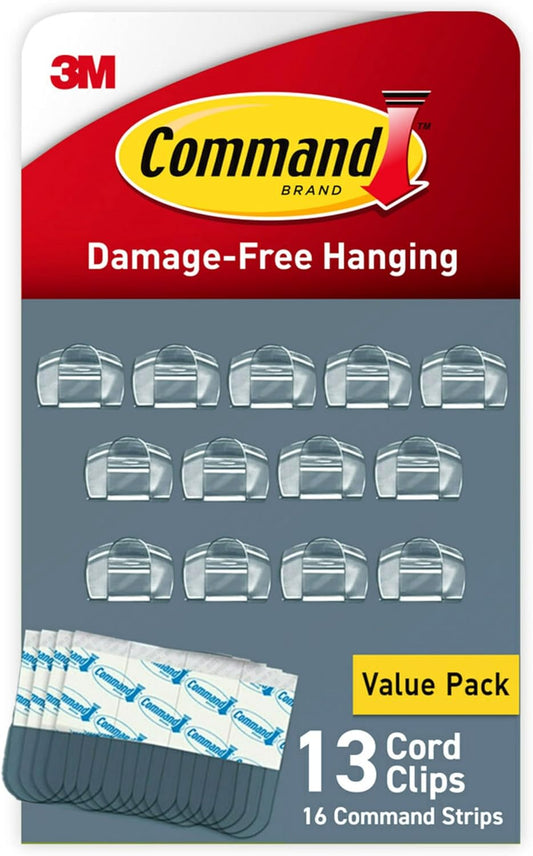 Command Round Cord Clips, Damage Free Hanging Cable Clips, No Tools Wall Clips for Hanging Electrical Cables, 13 Clear Cord Clips and 16 Command Strips