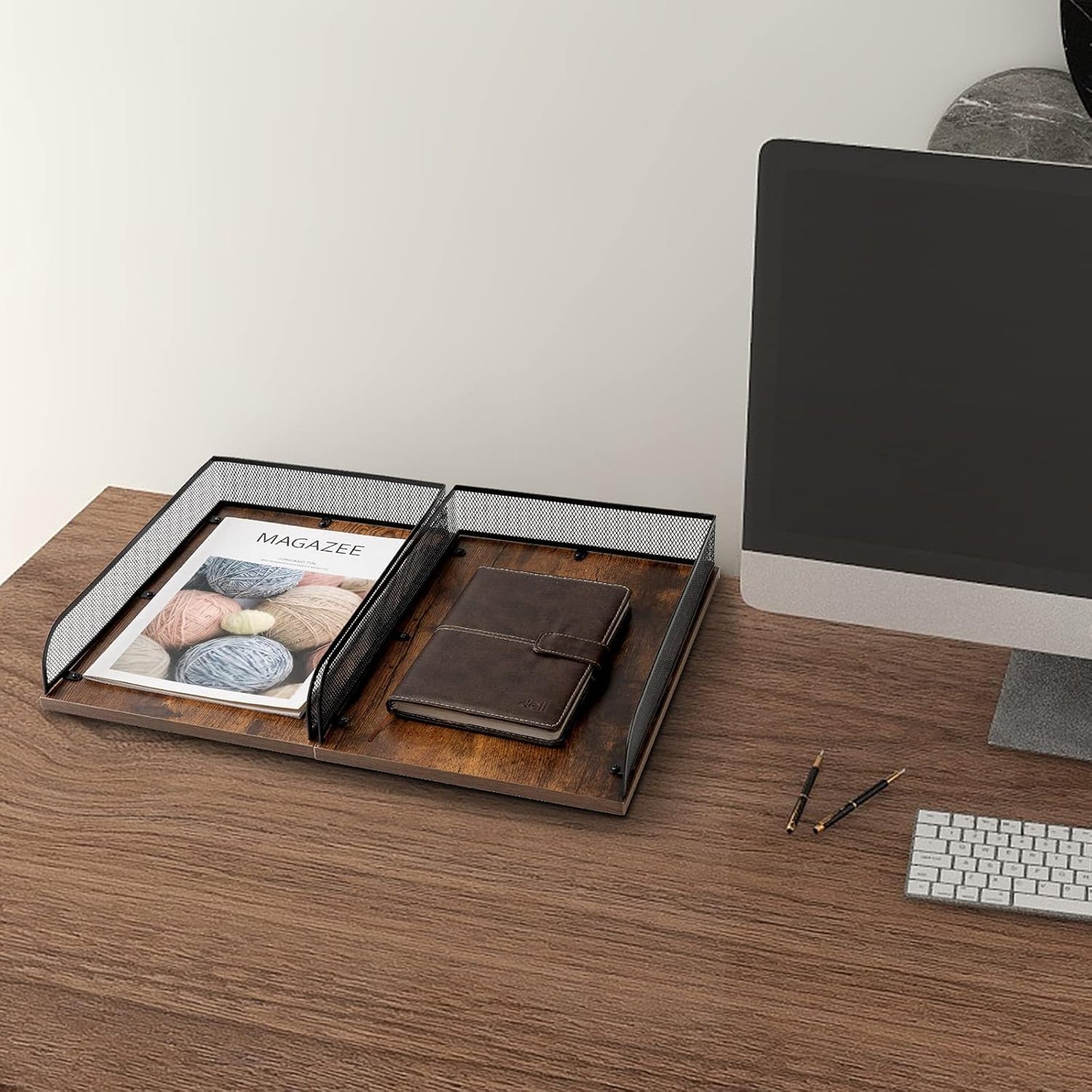 Set of 2 Vintage Wood & Metal Letter Tray，Desk Organizers Paper Tray，Office File Organizer(Black)