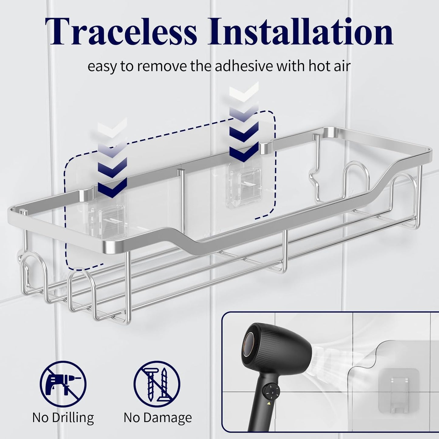 Kitsure Shower Caddy Large - Adhesive Shower Organizer, Stainless Steel Shelf for Inside Shower, No Drill Bathroom Organizers and Storage, Home Decor Accessories, 2 Pack, Sliver