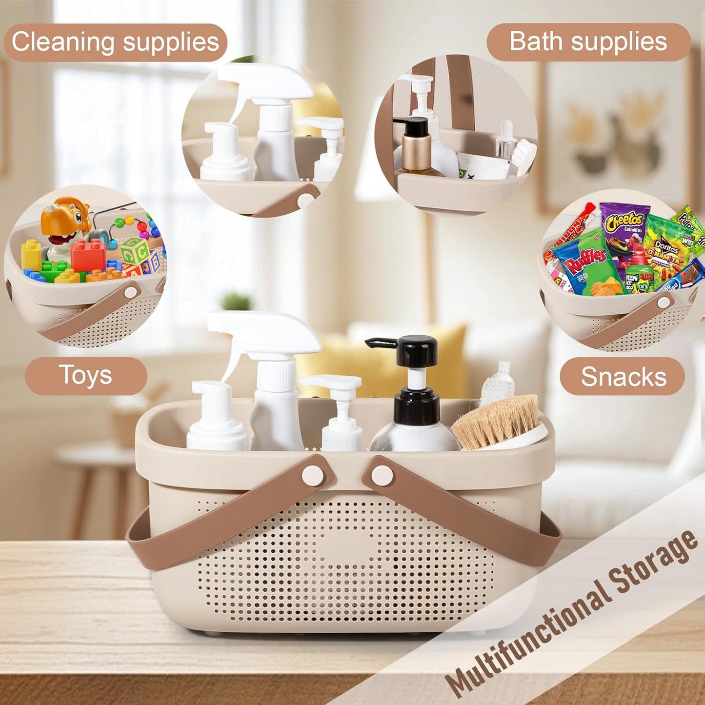 JiatuA Plastic Storage Basket with Handle Portable Shower Caddy Tote Organizer Basket Bin for Bathroom Kitchen Dorm Room Bedroom, Beige