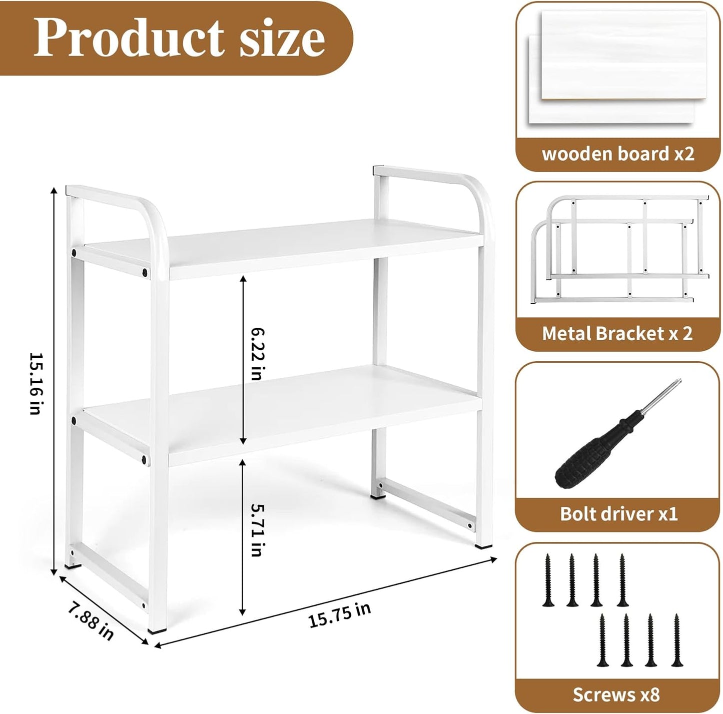 Desktop Shelf Organizer, 2-Tier Office Desk Shelf for Top of Desk, Wood & Metal Bookshelf Supplies Storage Rack (White)
