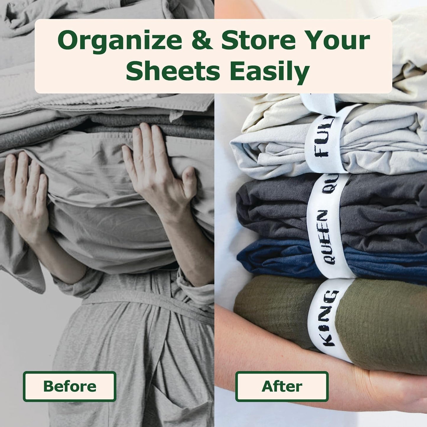 ECOHomes Bed Sheet Organizer and Storage Size Label Bands | Bed Sheets Set Organizers for Linen Closet Organization - Elastic Bedding Band Labels for Organizing Bedsheet (King 2 PCs Pack | White)