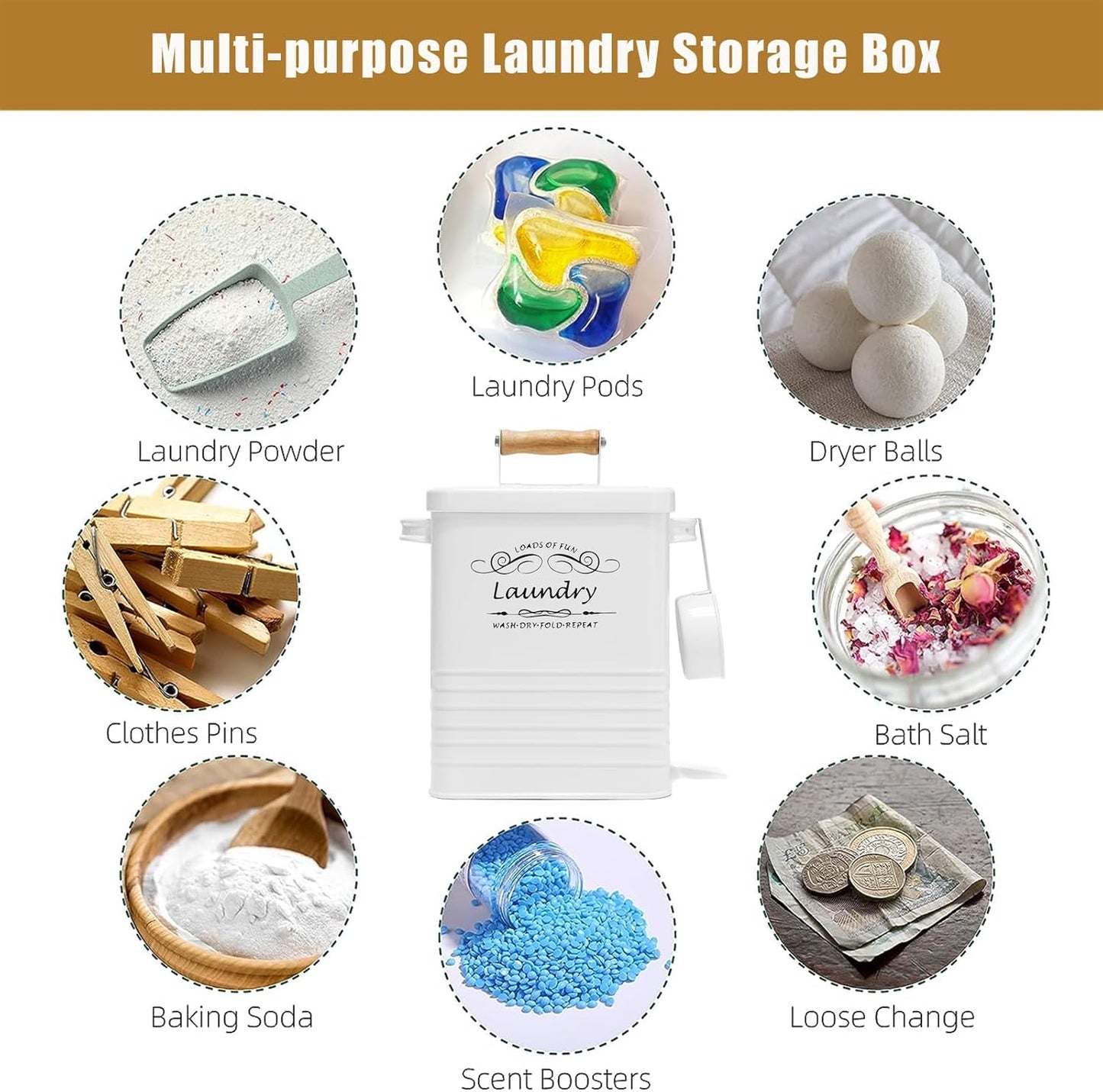 SSTATES Laundry Room Organization Set, Metal Laundry Detergent Pods Container and Dryer Sheet Holder with Lid, Laundry Powder Storage Bin with Scoop for Farmhouse Decor, (2 Pack, White)