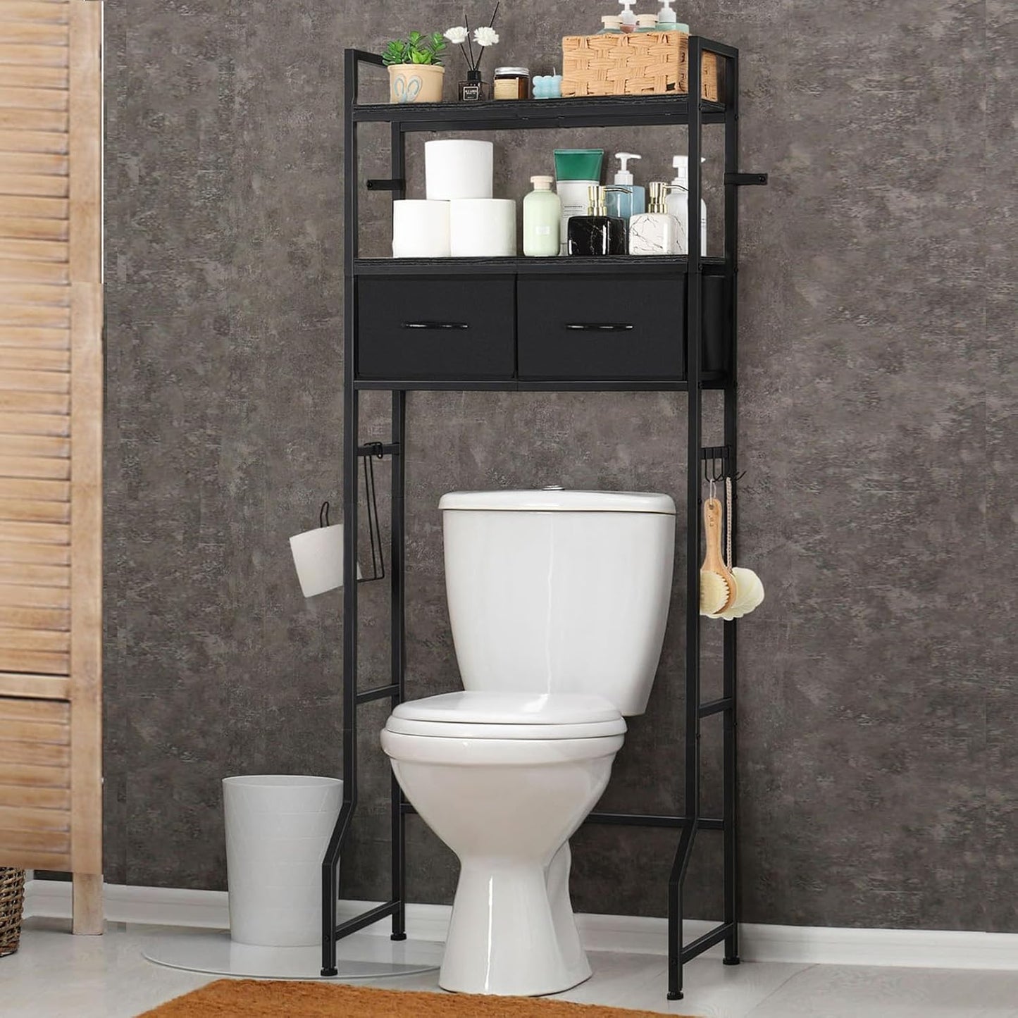 YBING Black Over The Toilet Storage Cabinet, Over Toilet Bathroom Organizer Freestanding, Above Toilet Storage Cabinet, Over Toilet Storage Shelf with Drawers