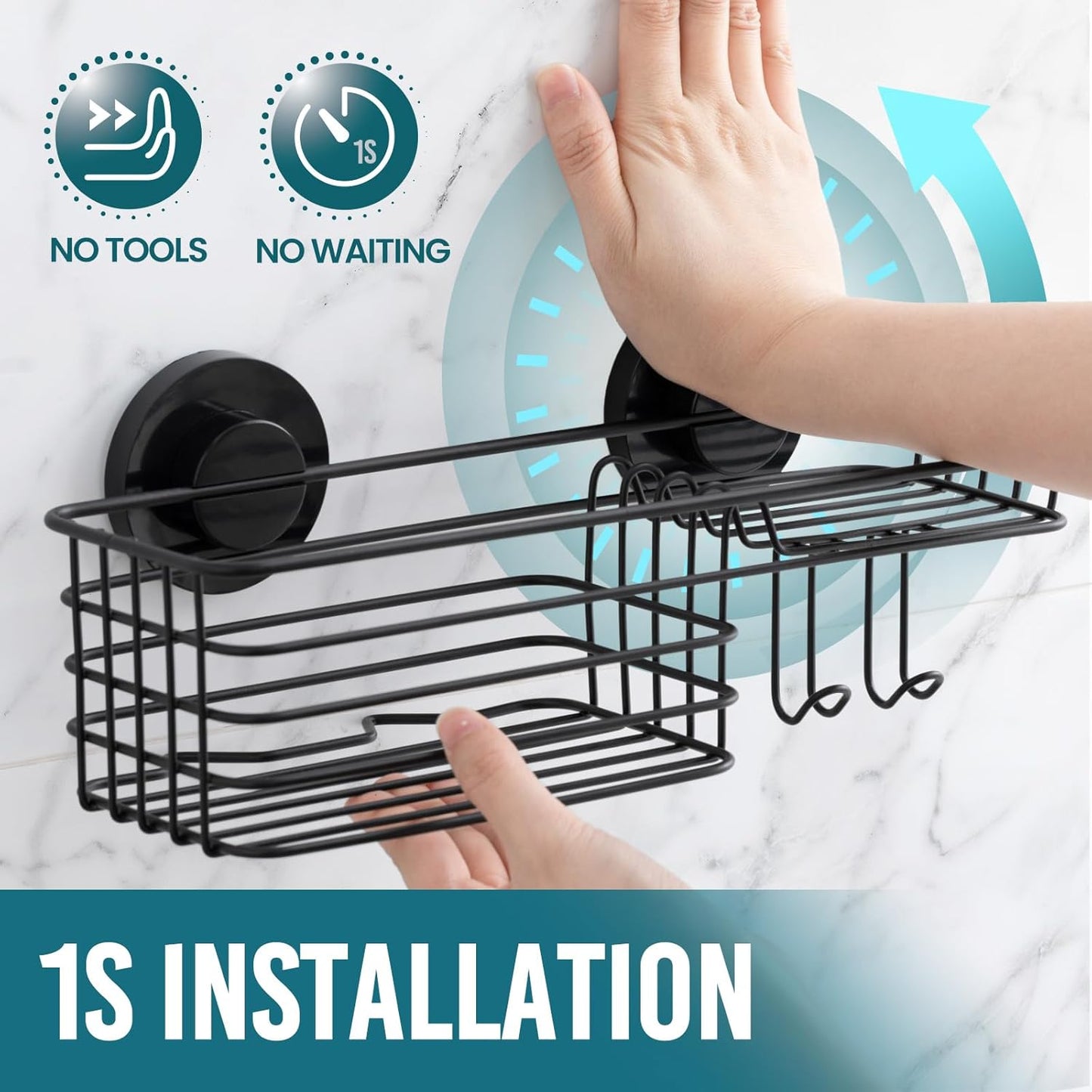 TAILI Shower Caddy Suction Cup, 3 Pack Shelves for Inside with Hooks & Soap holder Toothbrush Cups, Removable Bathroom Organizer, Rustproof Black Holder Storage-Black
