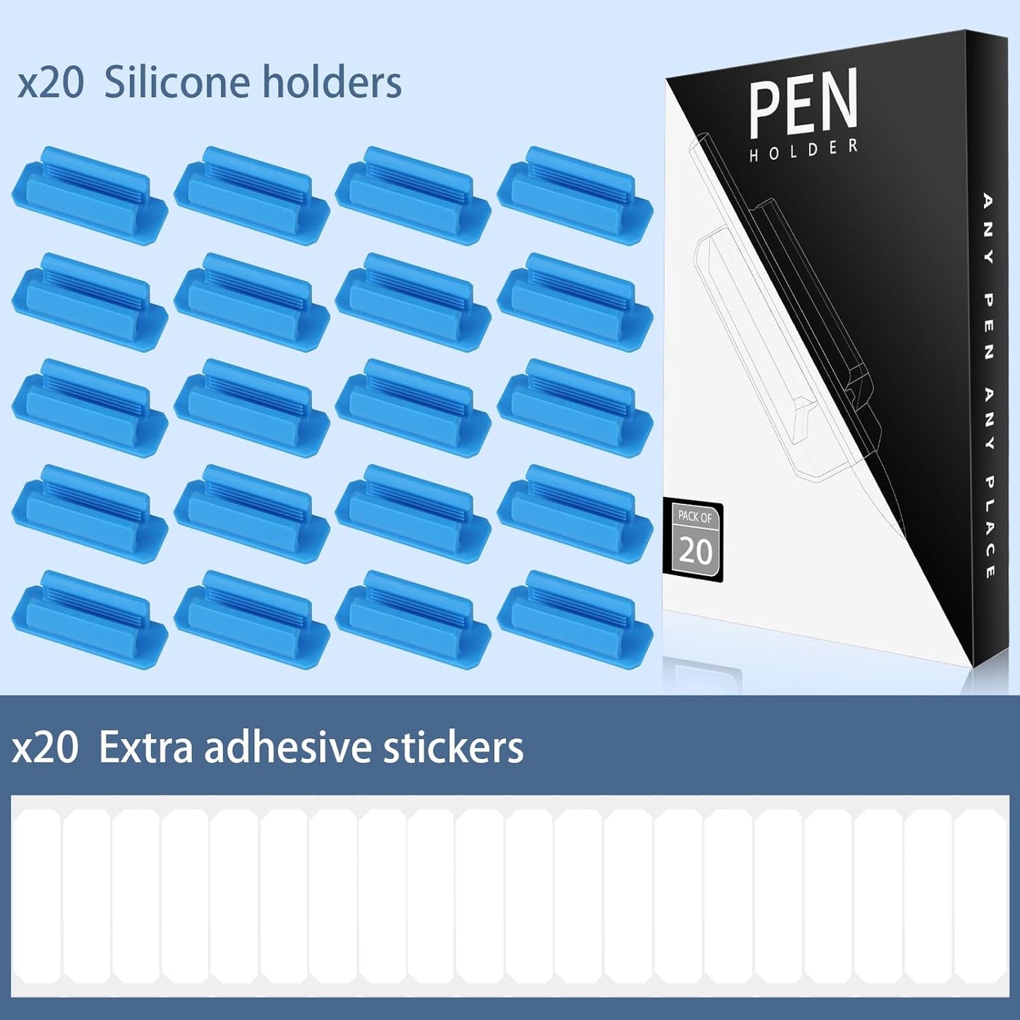 Pencil Holder for Desk Set of 20, Adhesive Pen Holder with 20 Extra Upgraded Stickers, Silicone Pen Holders & Marker Clip for Walls, Clipboards, Classroom, Office, Teacher Accessories Supplies (Blue)