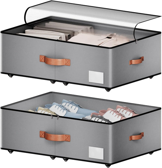 Under bed Storage With Wheels,Large Capacity 10 inches Height Storage Bins,Rolling Under bed Shoe Storage Containers,Under bed Storage Drawers for clothes & blankets