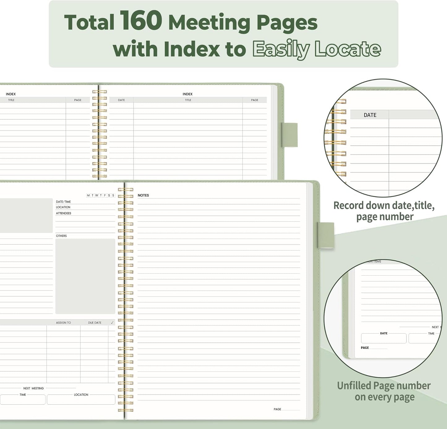 SUNEE Half Meeting Half Note - 8.5"x11" Professional Notebooks for Work - 160 Pages, A4 Size Project Planner, Spiral Meeting Agenda Organizer for Women Men, Note Taking,Office with Vegan Leather Cover