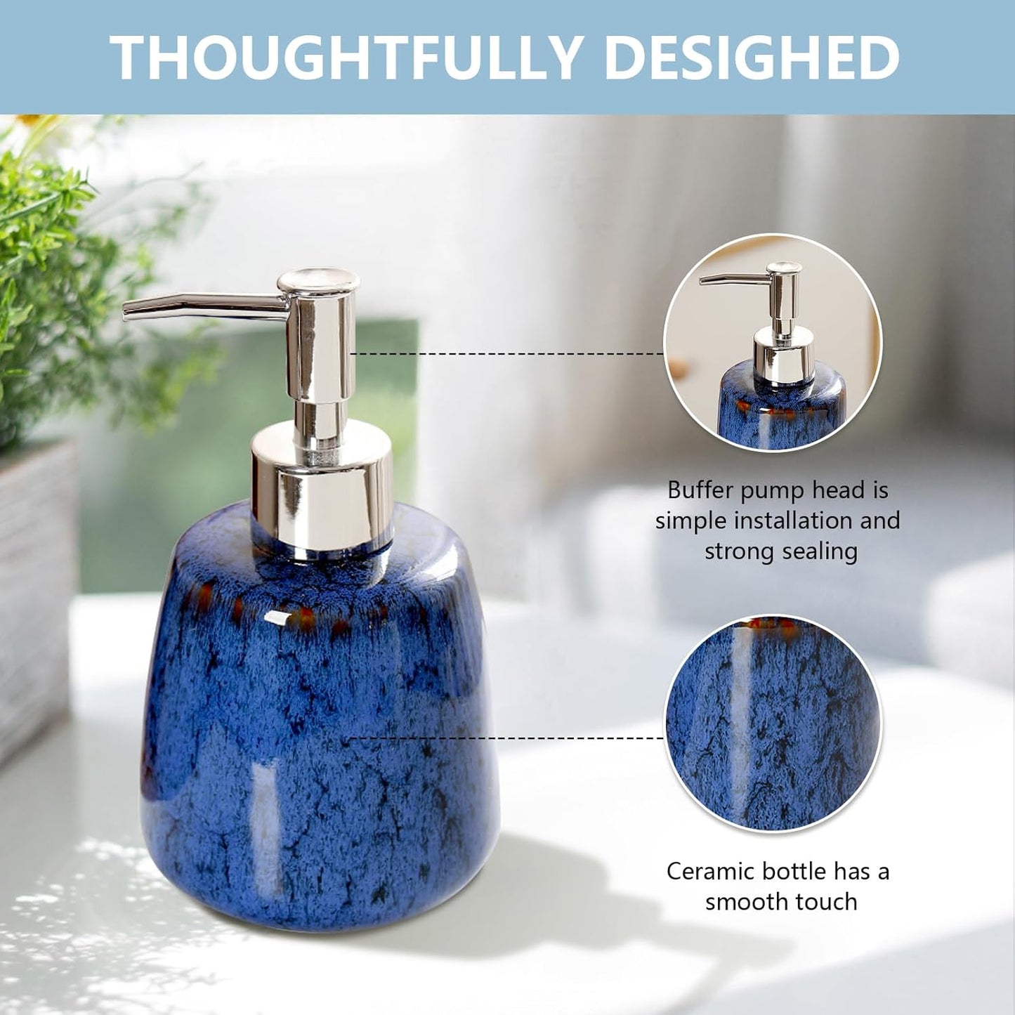 Jessie Hand Soap Dispenser,Blue Ceramic Liquid Hand Soap Dispenser with Pump,Modern Vintage Refillable Hand Lotion Pump Bottle for Bathroom Kitchen Set 10.8 oz (Blue)