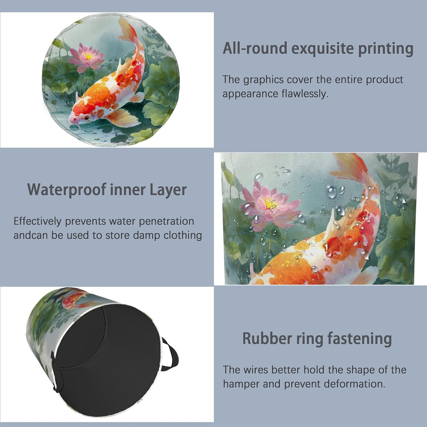 Goldfish Laundry Basket,Lotus Foldable Oxford Cloth Tote Bag Laundry Hamper Clothes Storage Bucket Organizer for Bedroom Laundry Storage Dormitories 16" x 20.8"