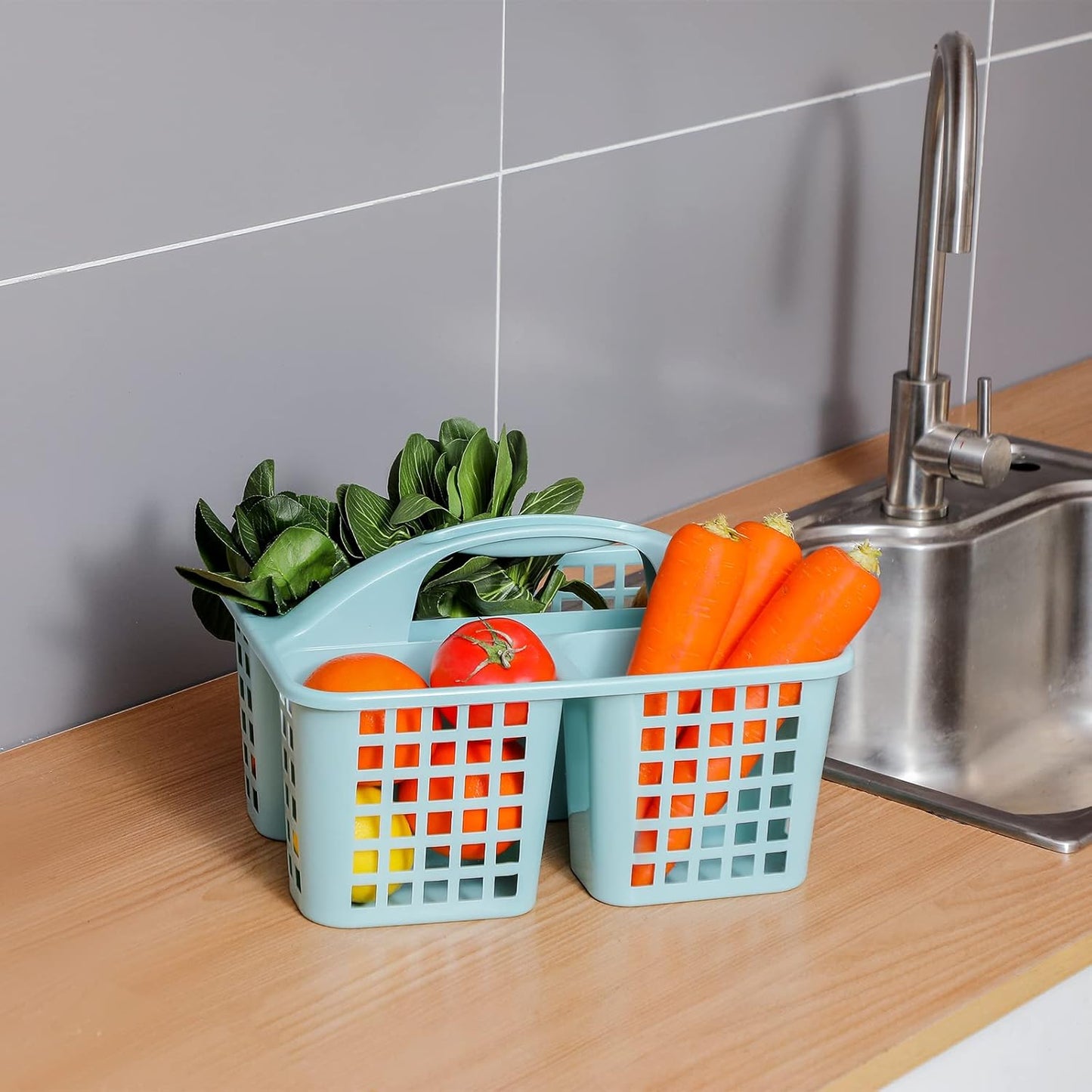 Portable Shower Caddy Basket with Compartments Cleaning Supplies Organizer with Handle Plastic Storage Divided Tool Bin for Bathroom, Bedroom, Kitchen, College Dorm, Garden, Under Sink, Light Blue