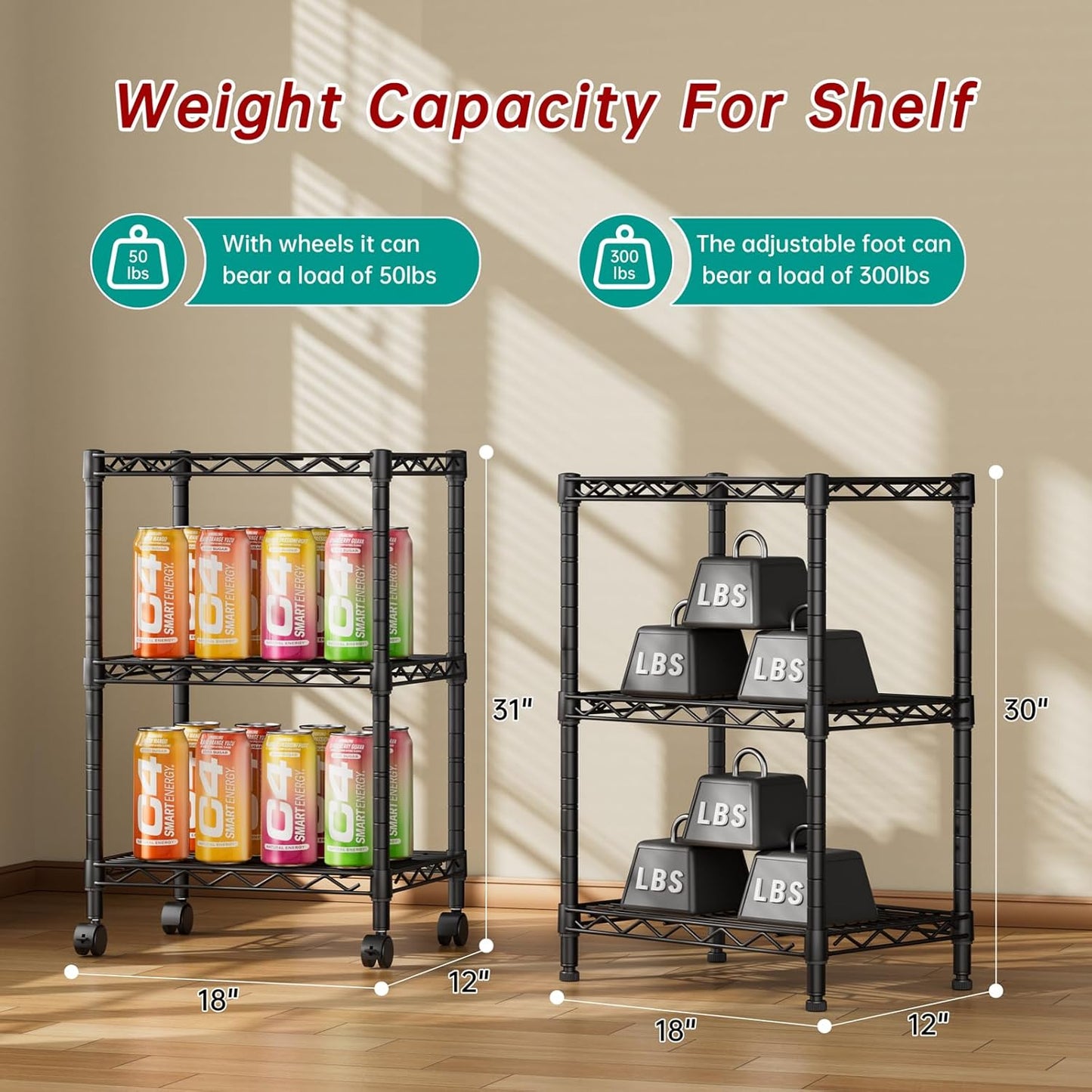 3 Tier Adjustable Storage Shelves Heavy Duty Metal Utility Shelf Wire Shelving Unit Organizer Rack for Home Kitchen Office Bathroom Pantry Room 12" D x 18" W x 30" H