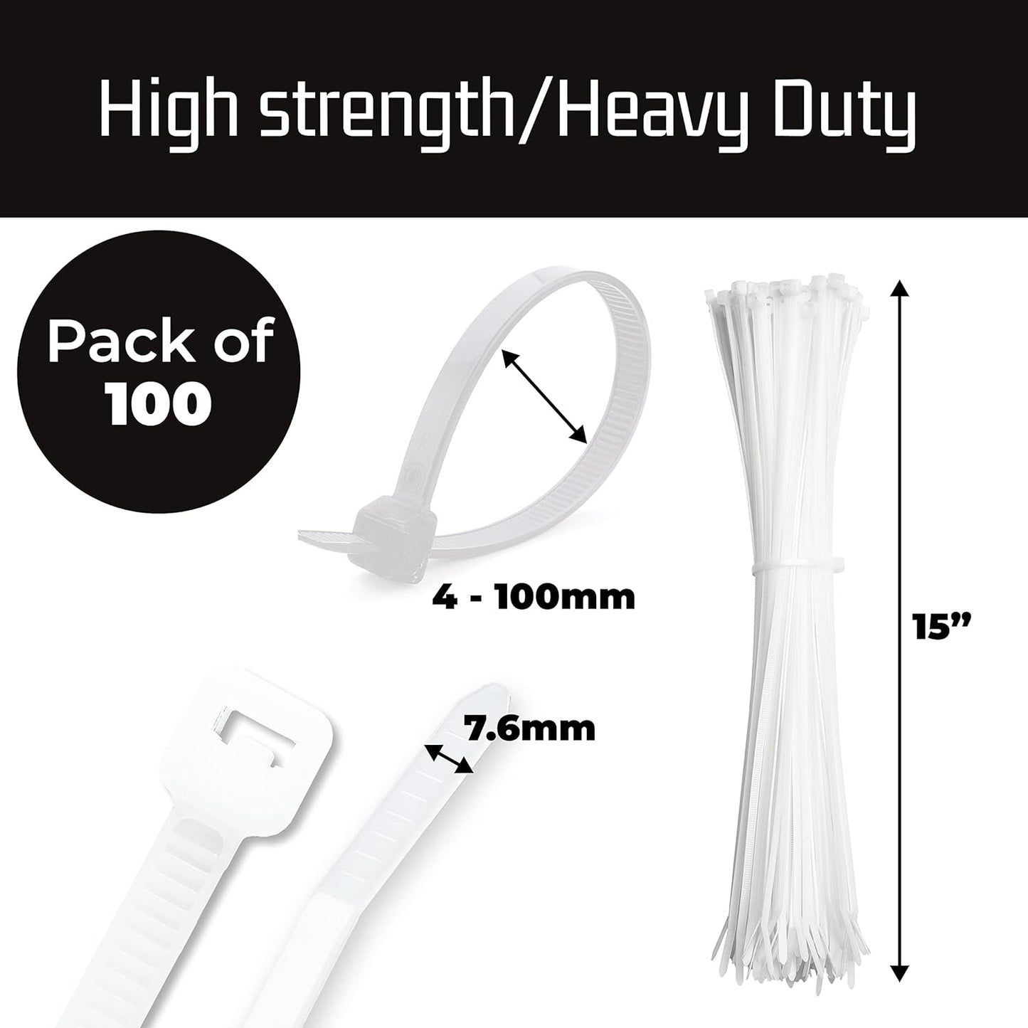 Bolt Dropper 15-Inch White Zip Cable Ties - Pack of 100 Heavy Duty Self-Locking Nylon Wire Ties - 120 lbs Tensile Strength for Indoor and Outdoor Use - Durable, UV and Temperature Resistant Zip Ties