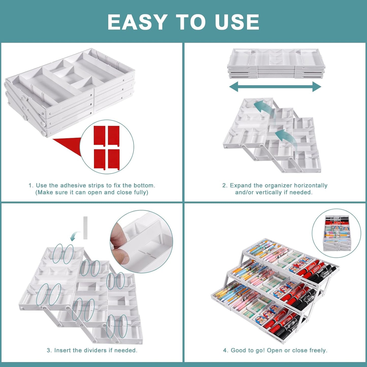 Aobiono Multi Level Smart Drawer Organizer, Multi Tier Expandable Storage Collapsible Foldable Trays for Jewelry, Cosmetics, Makeup, Tools, Battery (White, Single Row - 3 Levels)