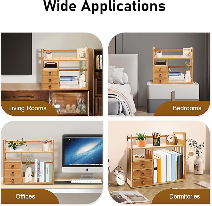 Bamboo Desk Shelves with 3 Drawers Office Desktop Storage Rack Desk Top Document Storage Organizer Rectangular Desktop File Holder Open Design for Office Home School 19.7 * 7.5 * 17.7in